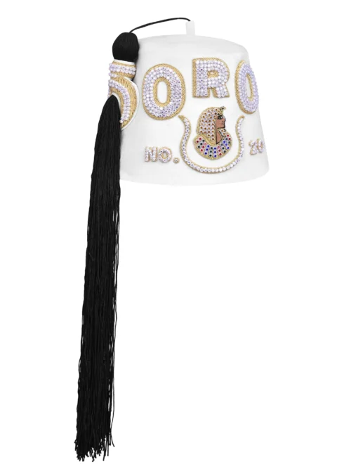 DOI Fez Hat – Pure White & Gold With Rhinestones (3 Rows as pictured)