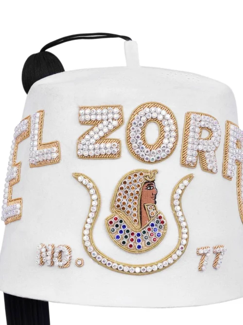 DOI Fez Hat - Pure White & Gold Embroidery With Rhinestones (2 Rows as pictured)